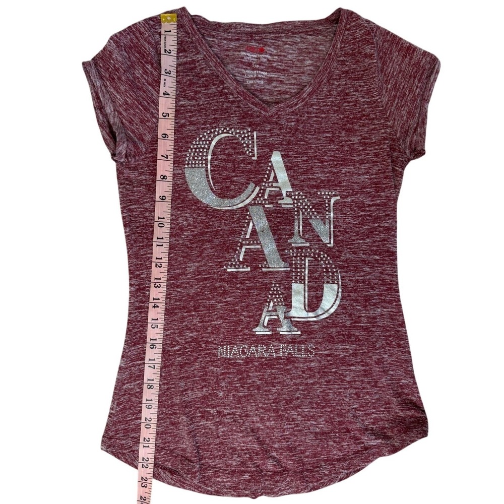 MRJ Canada Niagara Falls Graphic T-Shirt Burgundy Rhinestone V-Neck Small - Picture 4 of 5